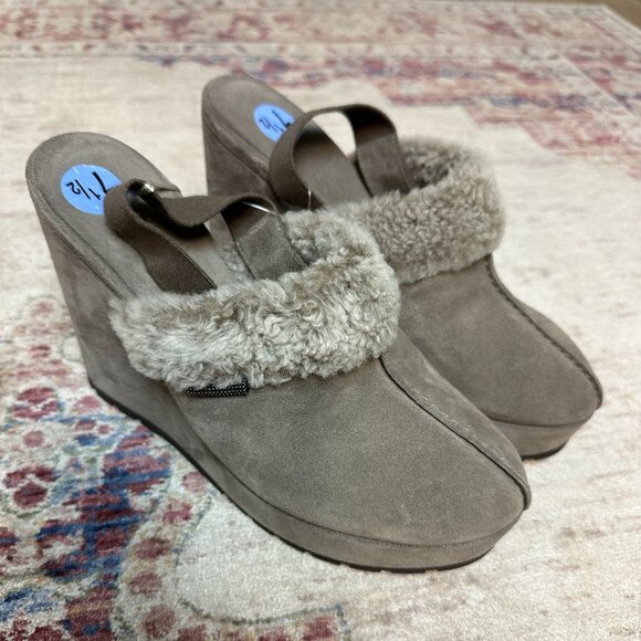 Brunello Cucinelli Women's Gray Shearling-lined Slingback Heels Size 7.5 NEW!! - Picture 1 of 9